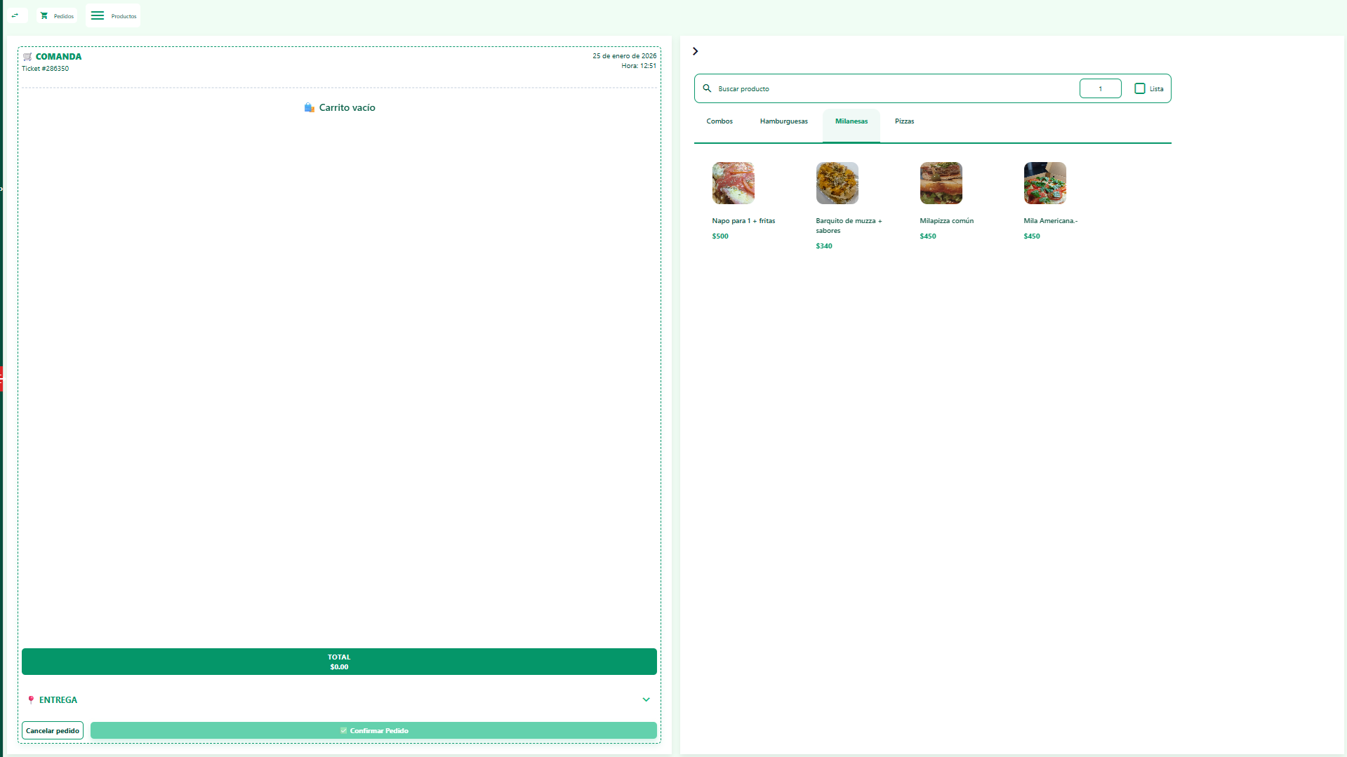 Vista del panel de pedidos y productos